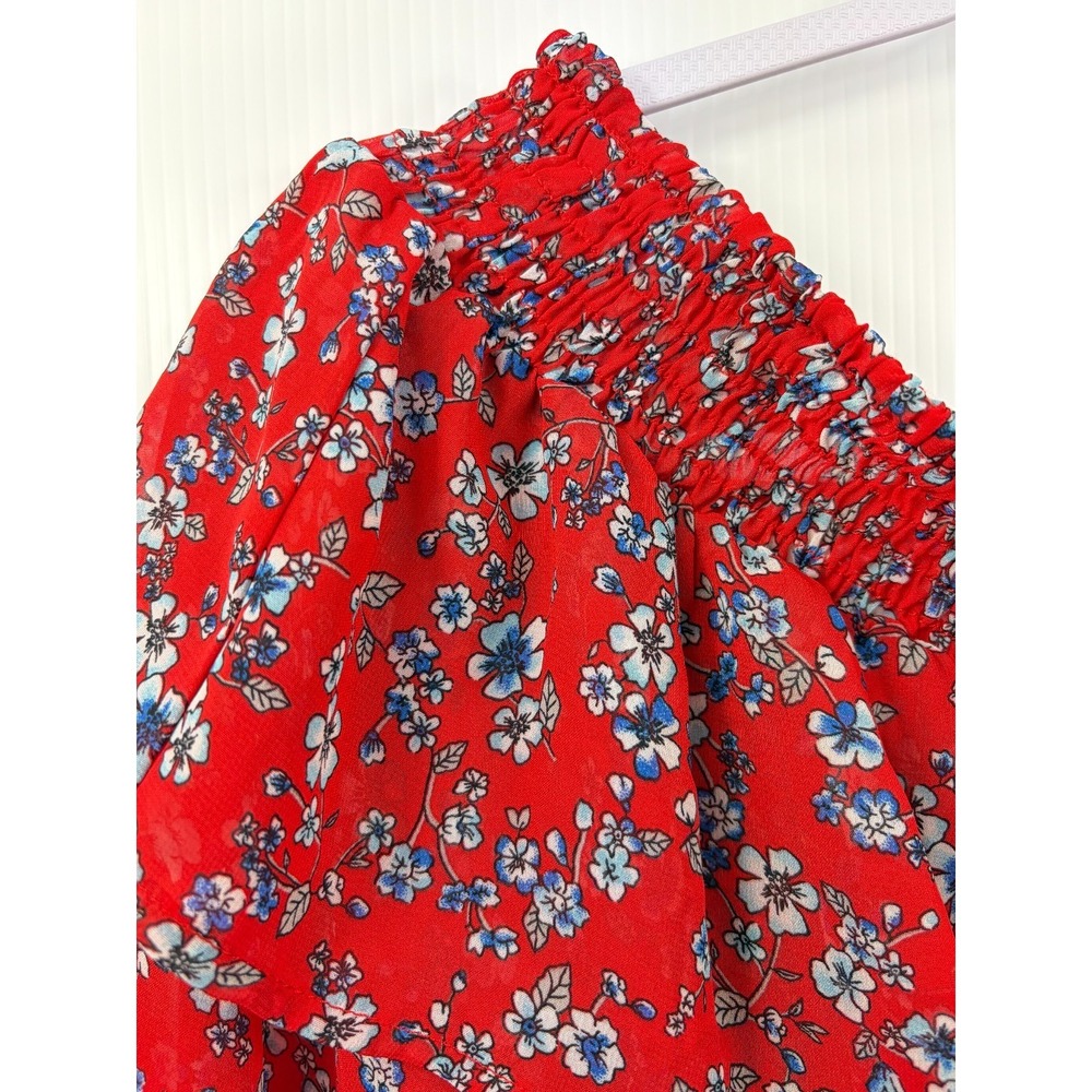 Timing Floral Off Shoulder Crop Top Red Smocked Flounce Tie Boho Cottage - Picture 4 of 7